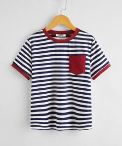 SHEIN Boys Pocket Patched Striped Ringer Tee