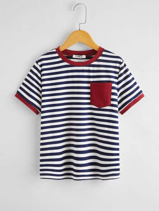 SHEIN Boys Pocket Patched Striped Ringer Tee