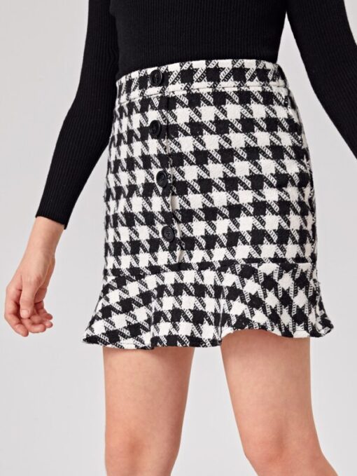 SHEIN Girls Buttoned Front Ruffle Hem Houndstooth Skirt