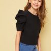 SHEIN Girls Pleated Puff Sleeve Solid Top