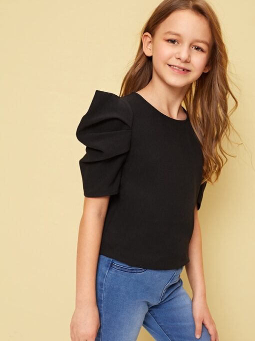SHEIN Girls Pleated Puff Sleeve Solid Top
