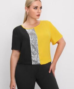 SHEIN Plus Cut-and-Sew Sequin Panel Top