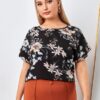 SHEIN Plus Floral Print Cuffed Top