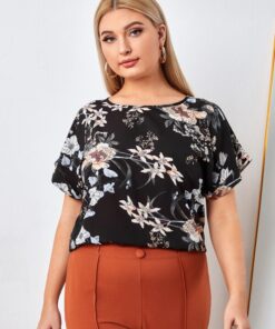 SHEIN Plus Floral Print Cuffed Top