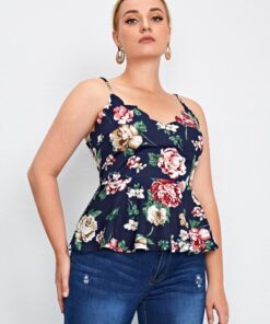 SHEIN Plus Floral Print Scallop Trim Peplum Cami Top