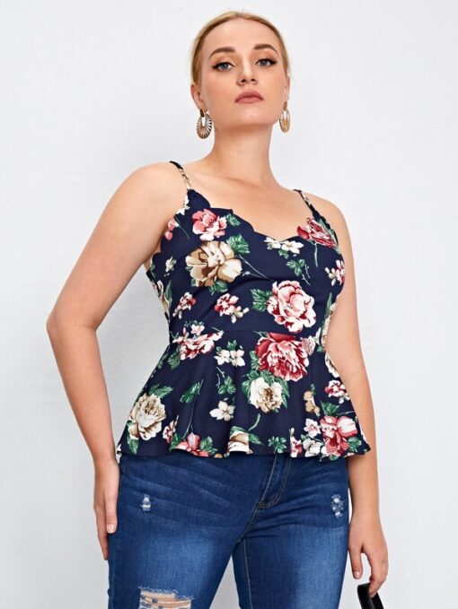 SHEIN Plus Floral Print Scallop Trim Peplum Cami Top