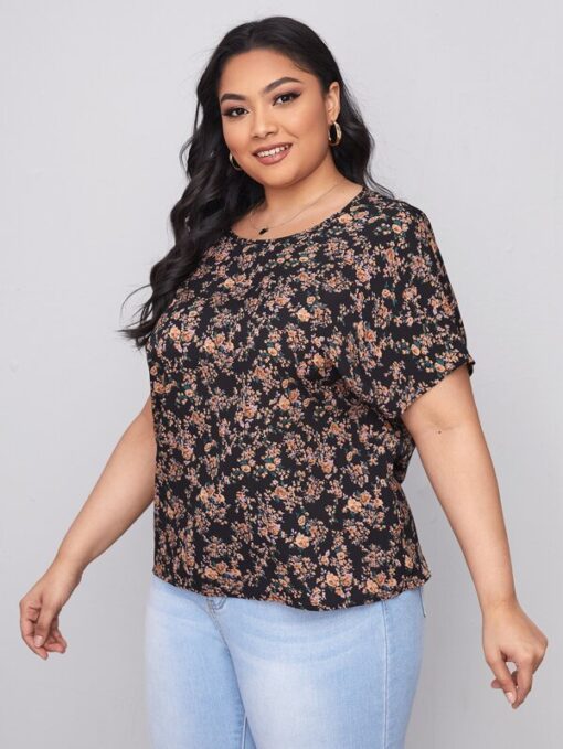 SHEIN Plus Keyhole Back Batwing Sleeve Allover Floral Print Top - Pink Shop