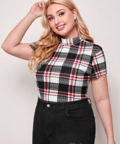 SHEIN Plus Mock Neck Plaid Tee