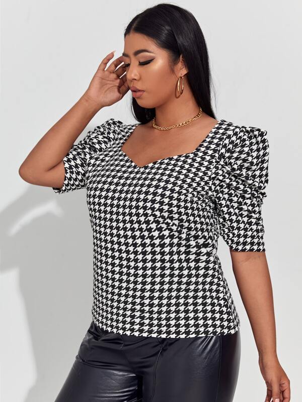 SHEIN Plus Puff Sleeve Houndstooth Top - Pink Shop