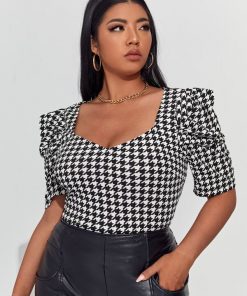 SHEIN Plus Puff Sleeve Houndstooth Top