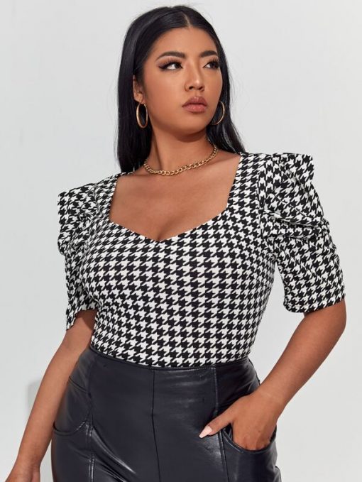 SHEIN Plus Puff Sleeve Houndstooth Top