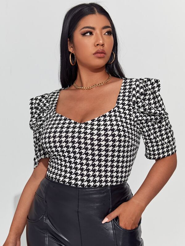 SHEIN Plus Puff Sleeve Houndstooth Top - Pink Shop