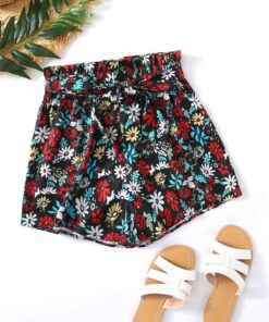 Shein Allover Floral Print Belted Paperbag Shorts