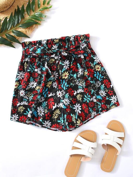 Shein Allover Floral Print Belted Paperbag Shorts