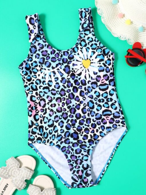 Shein Girls Leopard & Floral Print One Piece Swimsuit