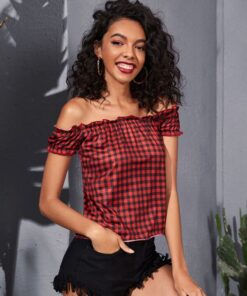 Shein Off-shoulder Frill Trim Gingham Tee