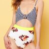 Shein Striped & Floral Cut-out One Piece Swimsuit