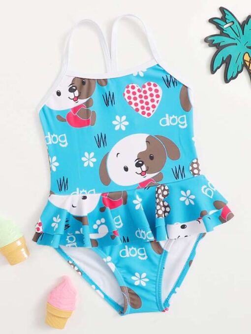 Shein Toddler Girls Cartoon Dog Ruffle One Piece Swimsuit