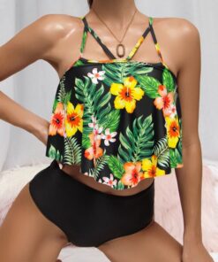 Shein Tropical & Floral Cut Out Ruffle Bikini Swimsuit