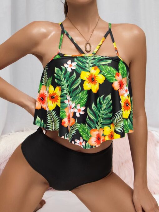 Shein Tropical & Floral Cut Out Ruffle Bikini Swimsuit