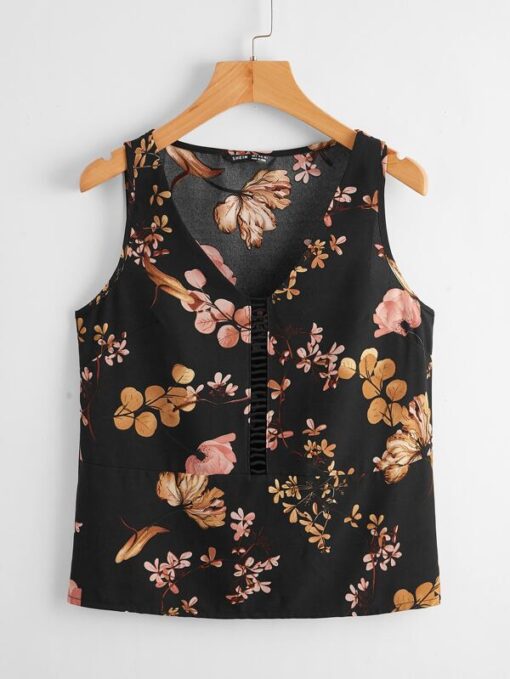 Shein V Neck Lace Insert Floral Print Top