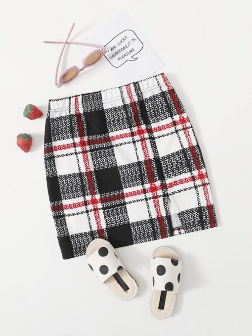 SHEIN Girls Plaid Split Hem Skirt