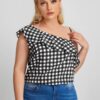 Shein Plus Asymmetric Neck Gingham Ruffle Trim Top