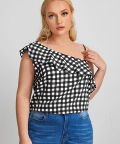 Shein Plus Asymmetric Neck Gingham Ruffle Trim Top