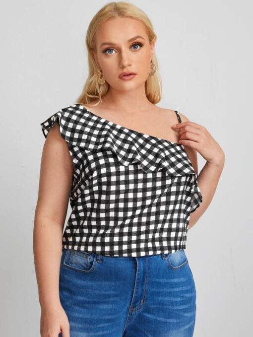 Shein Plus Asymmetric Neck Gingham Ruffle Trim Top