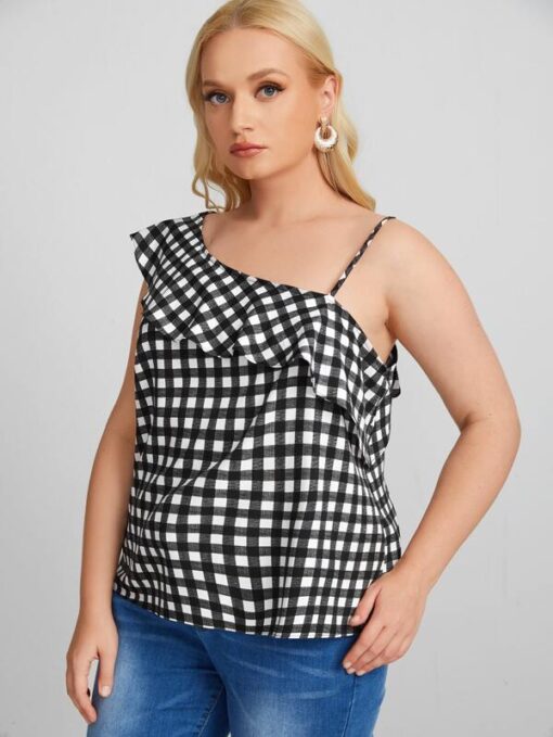 Shein Plus Asymmetric Neck Gingham Ruffle Trim Top - Image 3
