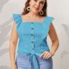 Shein Plus Button Front Knot Hem Ruffle Trim Blouse