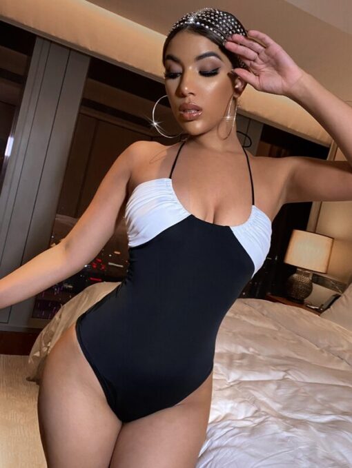 Shein Two Tone Backless Halter Bodysuit