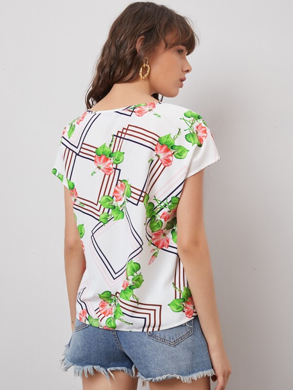 SHEIN Cut Out Front Floral and Geo Print Top - Pink Shop