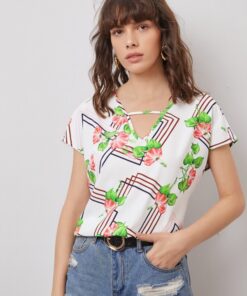 SHEIN Cut Out Front Floral and Geo Print Top