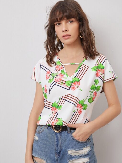 SHEIN Cut Out Front Floral and Geo Print Top