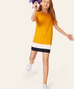 SHEIN Girls Colorblock Round Neck Tunic Dress