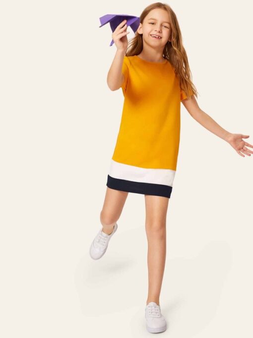 SHEIN Girls Colorblock Round Neck Tunic Dress