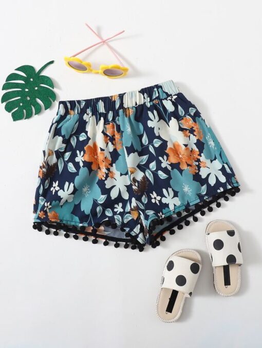 SHEIN Girls Fringe Hem Floral Shorts