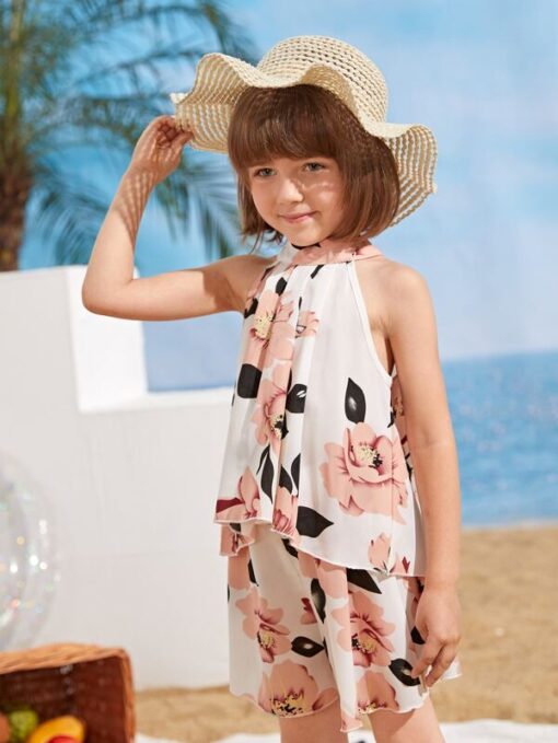 Shein Toddler Girls Floral Print Halter Neck Blouse With Shorts