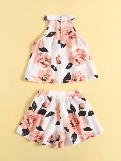 Shein Toddler Girls Floral Print Halter Neck Blouse With Shorts - Image 2