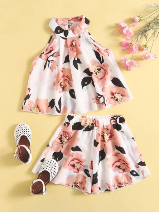 Shein Toddler Girls Floral Print Halter Neck Blouse With Shorts - Image 3