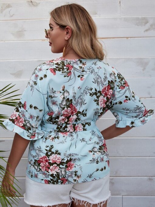 Shein Plus Floral Print Flounce Sleeve Belted Blouse - Image 2