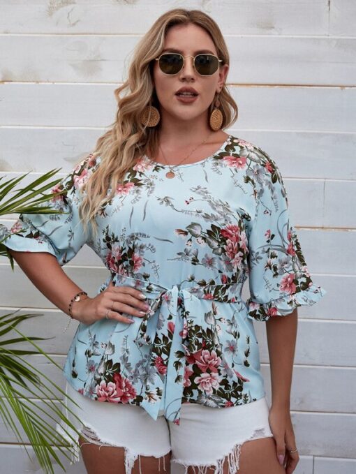 Shein Plus Floral Print Flounce Sleeve Belted Blouse - Image 4
