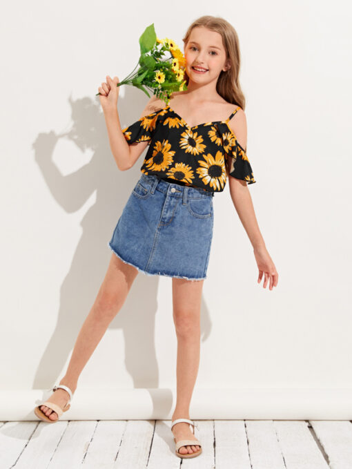 SHEIN Girls Floral Print Cold Shoulder Top