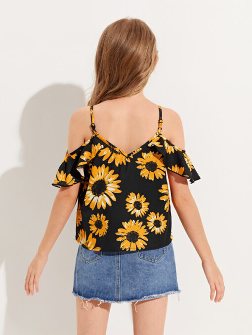 SHEIN Girls Floral Print Cold Shoulder Top - Image 2