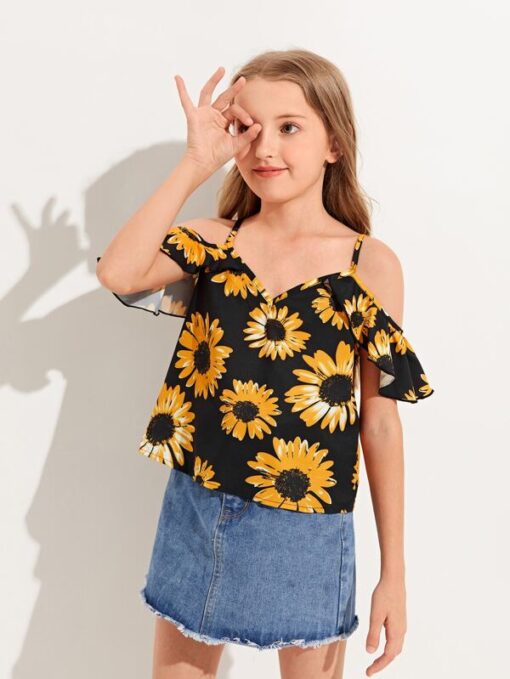 SHEIN Girls Floral Print Cold Shoulder Top - Image 3