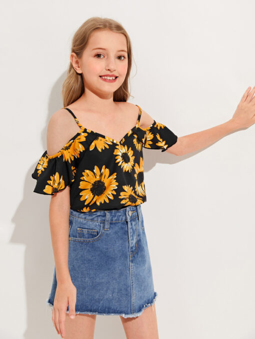 SHEIN Girls Floral Print Cold Shoulder Top - Image 4