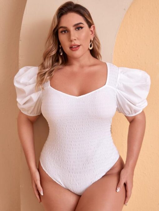 SHEIN Plus Puff Sleeve Shirred Bodysuit