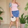 SHEIN Plus Tropical Puff Sleeve Rib-knit Top