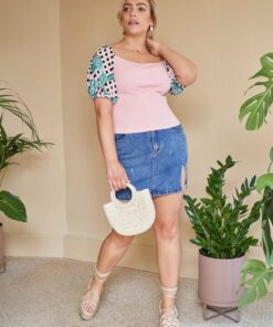 SHEIN Plus Tropical Puff Sleeve Rib-knit Top